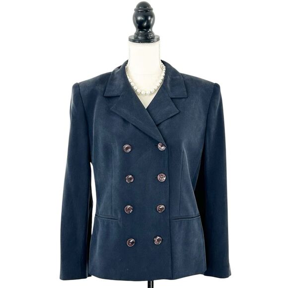 Jones New York Women’s Vintage 90s Navy Blue Silk Double Breasted Blazer Size 10 - Picture 2 of 10
